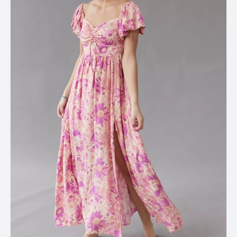 Urban Outfitters Kiss the sky pink floral puff sleeve midi dress sz XL